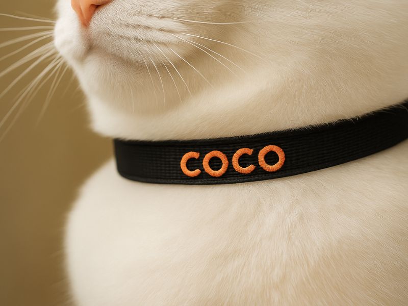 Schwarzes besticktes Sicherheits-Katzenhalsband mit silberner Glocke, schwarzer Schnalle und Katzenmarke personalisiert – leicht und komfortabel für deine Katze.